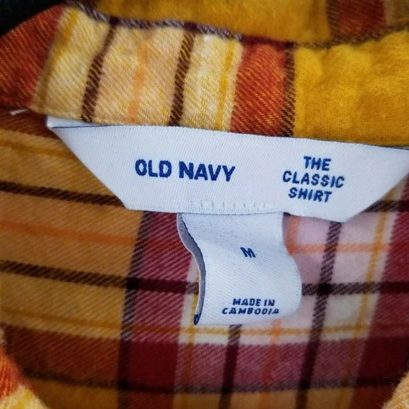 Old navy women medium plaid flannel button up shirt mustard yellow burgundy red - Picture 2 of 12